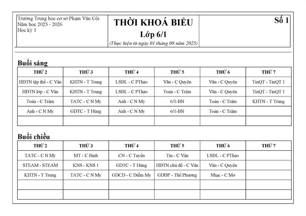 Thời khóa biểu số 1 -  Áp dụng từ ngày 03/09/2025