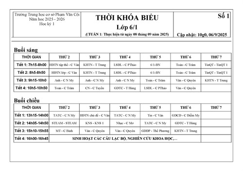 Thời khóa biểu áp dụng từ 08/09/2025