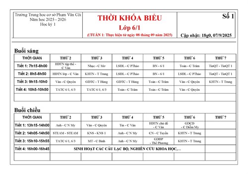 Thời khóa biểu tuần 1: áp dụng từ thứ hai 08/09/2025 (có cập nhật, thay đổi)