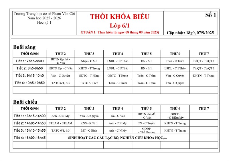 Thời khóa biểu tuần 1: áp dụng từ thứ hai 08/09/2025 (có cập nhật, thay đổi)