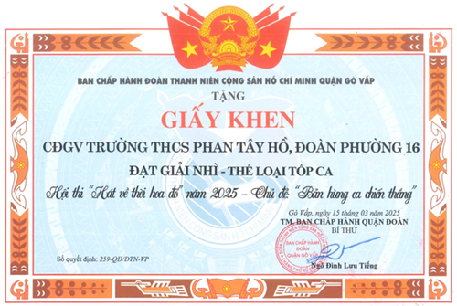 Chúc mừng Chi đoàn trường THCS Phan Tây Hồ xuất sắc đạt giải nhì Hội thi “Hát về thời hoa đỏ” năm 2025 - Chủ đề: “Bản hùng ca chiến thắng” ngày 15/03/2025.