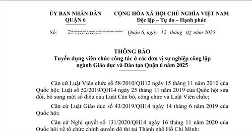 Thông báo tuyển dụng viên chức công tác ở các đơn vị sự nghiệp công lập ngành Giáo dục và Đào tạo Quận 6 năm 2025