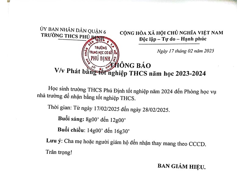 Thông báo về việc phát bằng tốt nghiệp THCS năm học 2023-2024