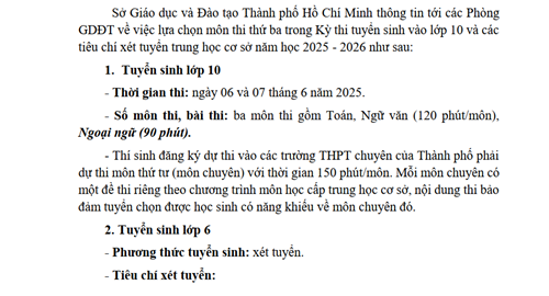 Thông báo lựa chọn môn thi thứ ba trong kỳ thi tuyển sinh lớp 10 và hướng dẫn tiêu chí xét tuyển THCS năm học 2025-2026