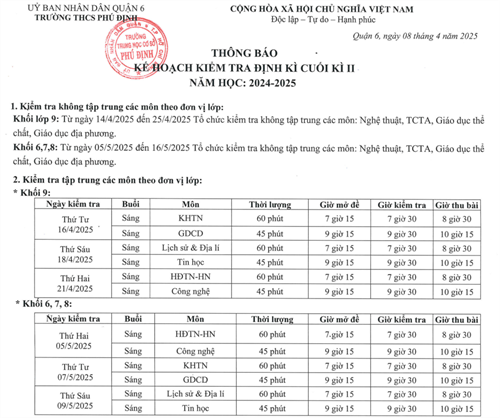 Thông báo Kế hoạch kiểm tra định kì cuối kì II - Năm học 2024-2025
