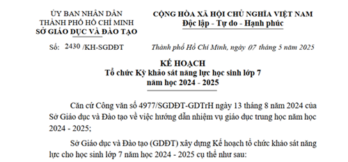 Kế hoạch tổ chức Kỳ khảo sát năng lực học sinh lớp 7 năm học 2024-2025