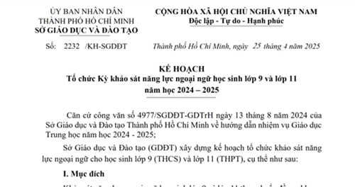 KẾ HOẠCH Tổ chức Kỳ khảo sát năng lực ngoại ngữ học sinh lớp 9 và lớp 11 năm học 2024 – 2025