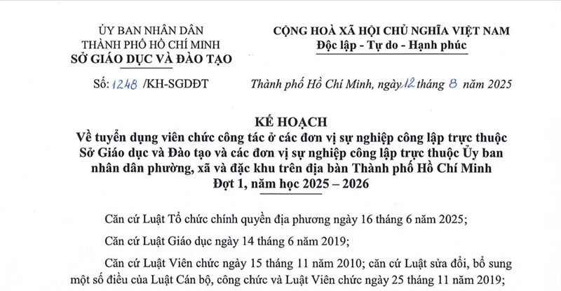 Kế hoạch tuyển dụng viên chức công tác ở các đơn vị sự nghiệp công lập trực thuộc Sở Giáo dục và Đào tạo và các đơn vị sự nghiệp công lập trực thuộc Uỷ ban nhân dân phường, xã và đặc khu trên địa bàn Thành phố Hồ Chí Minh (Đợt 1, năm học 2025-2026)