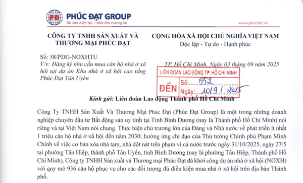 Công văn đăng ký nhu cầu mua căn hộ nhà ở xã hội tại dự án Khu nhà ở xã hội cao tầng tại phường Tân Hiệp, Tp. Hồ Chí Minh