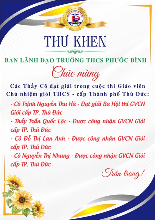 Trường THCS Phước Bình tuyên dương Thầy Cô đạt giải trong cuộc thi Giáo viên Chủ nhiệm giỏi THCS - cấp Thành phố Thủ Đức.
