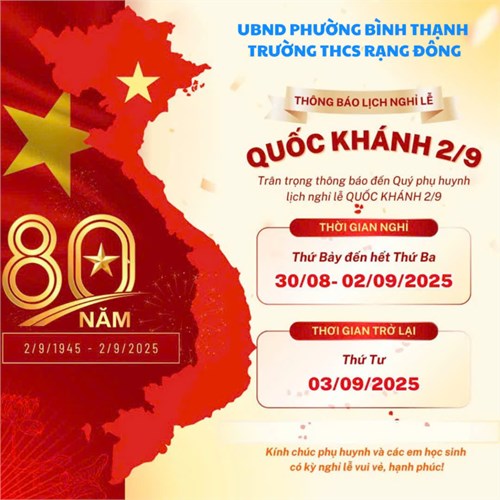 Trường THCS Rạng Đông Thông Báo Lịch Nghỉ Lễ Quốc Khánh 2/9
