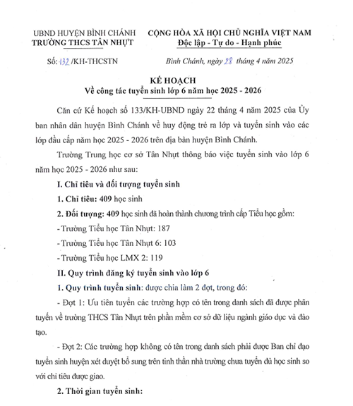 Kế hoạch tuyển sinh đầu cấp