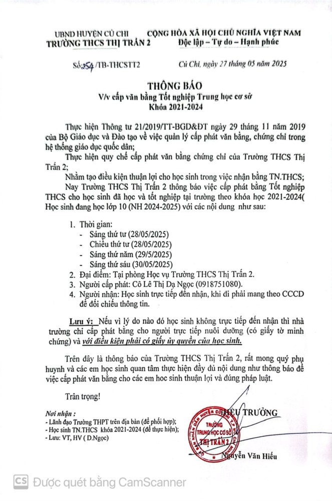 Thông báo về việc cấp phát bằng Tốt nghiệp Trung học cơ sở Khóa 2021-2024