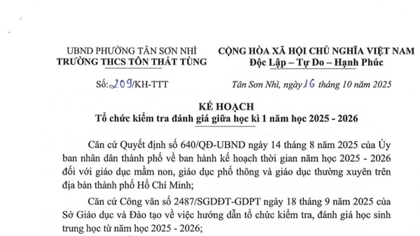 Kế hoạch Tổ chức kiểm tra đánh giá giữa học kì 1 năm học 2025 - 2026