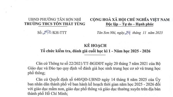 Kế hoạch Tổ chức kiểm tra, đánh giá cuối học kì 1, năm học 2025-2026