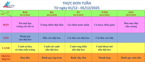 Kính gửi quý thầy cô, quý cha mẹ học sinh thực đơn bán trú (từ ngày 01/12/2025 đến ngày 05/12/2025)