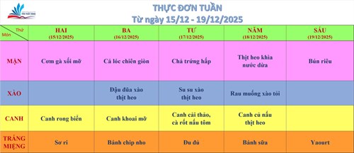 Kính gửi quý thầy cô, quý cha mẹ học sinh thực đơn bán trú (từ ngày 15/12/2025 đến ngày 19/12/2025)