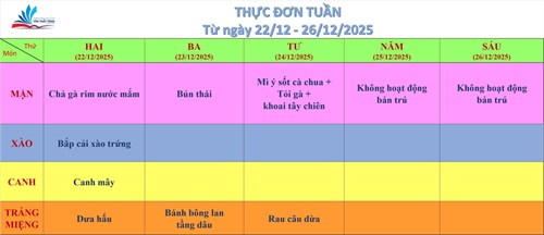 Kính gửi quý thầy cô, quý cha mẹ học sinh thực đơn bán trú (từ ngày 22/12/2025 đến ngày 26/12/2025)