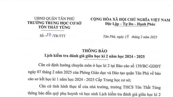 Lịch kiểm tra đánh giá giữa học kì 2, năm học 2024 - 2025