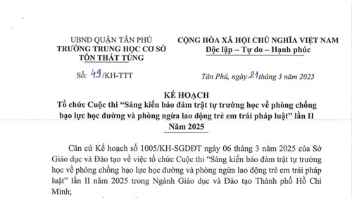 Kế hoạch Tổ chức Cuộc thi  Sáng kiến bảo đảm trật tự trường học về phòng chống bạo lực học đường và phòng ngừa lao động trẻ em trái pháp luật  lần II Năm 2025