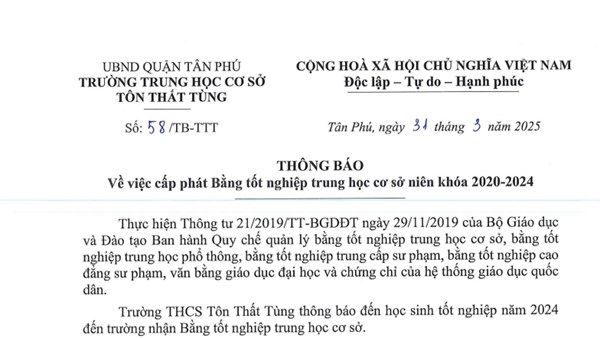 Thông báo về việc cấp phát Bằng tốt nghiệp trung học cơ sở niên khóa 2020-2024