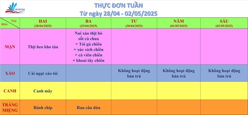 Kính gửi quý thầy cô, quý cha mẹ học sinh thực đơn bán trú (từ ngày 28/04/2025 đến ngày 02/05/2025)
