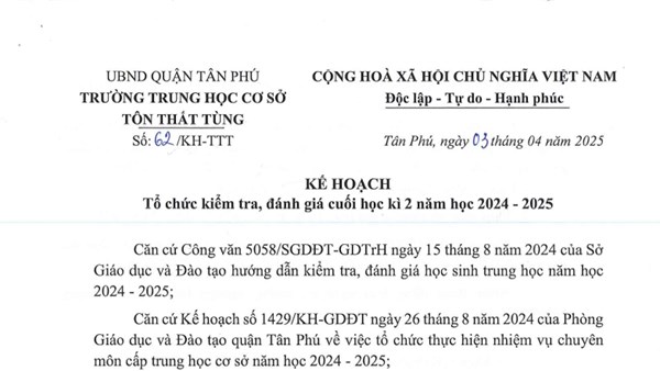 Kế hoạch Tổ chức kiểm tra, đánh giá cuối học kì 2, năm học 2024 - 2025