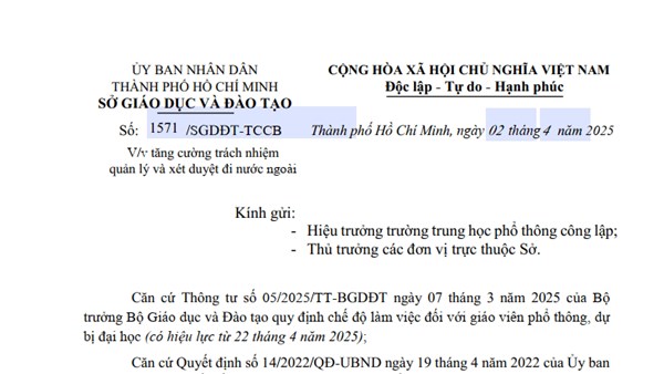 1571/SGDĐT-TCCB Về việc tăng cường trách nhiệm quản lý và xét duyệt đi nước ngoài
