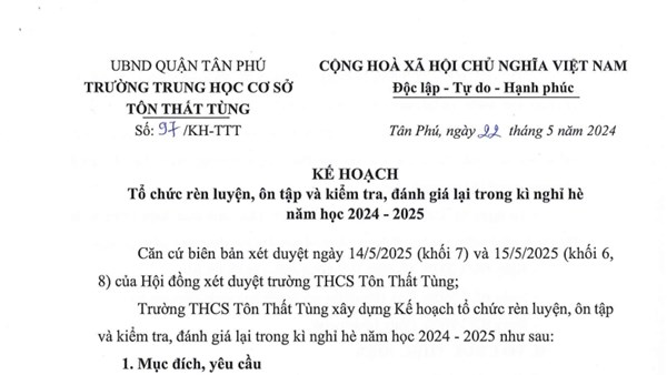 Kế hoạch Tổ chức rèn luyện, ôn tập và kiểm tra, đánh giá lại trong kì nghỉ hè năm học 2024 - 2025