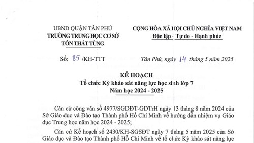 Kế hoạch Tổ chức Kỳ khảo sát năng lực học sinh lớp 7, năm học 2024 - 2025