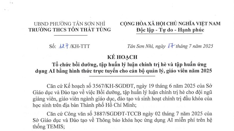 Kế hoạch Tổ chức bồi dưỡng, tập huấn lý luận chính trị hè và tập huấn ứng dụng AI bằng hình thức trực tuyến cho cán bộ quản lý, giáo viên năm 2025