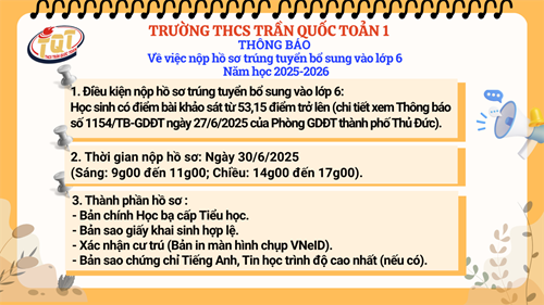 Thông báo về việc nộp hồ sơ trúng tuyển bố sung vào lớp 6 năm học 2025-2026