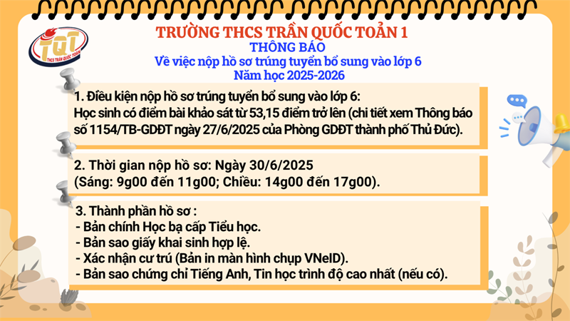 Thông báo về việc nộp hồ sơ trúng tuyển bố sung vào lớp 6 năm học 2025-2026