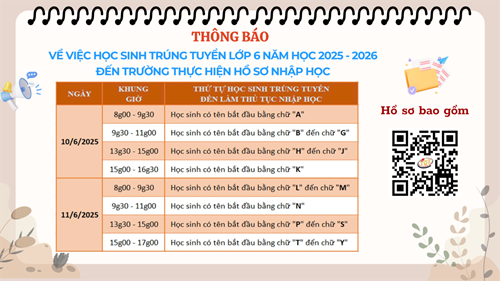 Thông báo về việc học sinh trúng tuyển lớp 6 năm học 2025-2026 đến trường thực hiện hồ sơ nhập học