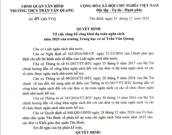 Quyết định số 113/QĐ-TVQ ngày 31/12/2024 về việc công bố công khai dự toán ngân sách năm 2025 của trường THCS Trần Văn quang