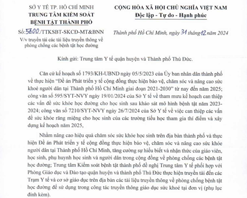 Công văn số 5600/TTKSBT-SKCĐ-MT&BNN ngày 31/12/2024 về việc truyền tải các tài liệu truyền thông về phòng chống các bệnh tật học đường