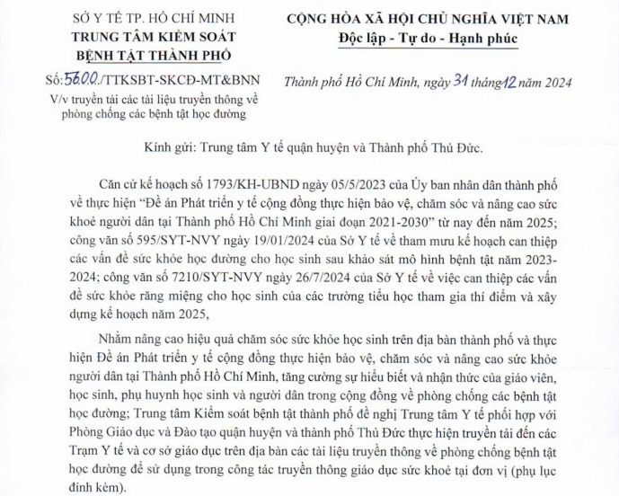 Công văn số 5600/TTKSBT-SKCĐ-MT&BNN ngày 31/12/2024 về việc truyền tải các tài liệu truyền thông về phòng chống các bệnh tật học đường
