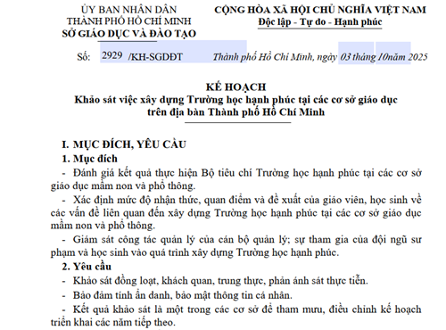 Về Kế hoạch khảo sát việc xây dựng trường học hạnh phúc tại các cơ sở giáo dục trên địa bàn Thành phố Hồ Chí Minh.