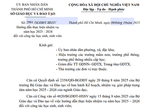 Về Hướng dẫn thực hiện nhiệm vụ năm học 2025 - 2026 đối với công tác học sinh, sinh viên