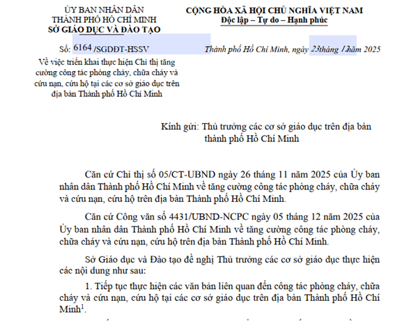 Về việc triển khai thực hiện Chỉ thị tăng cường công tác phòng cháy, chữa cháy và cứu nan, cứu hộ tại các cơ sở giáo dục trên địa bàn Thành phố