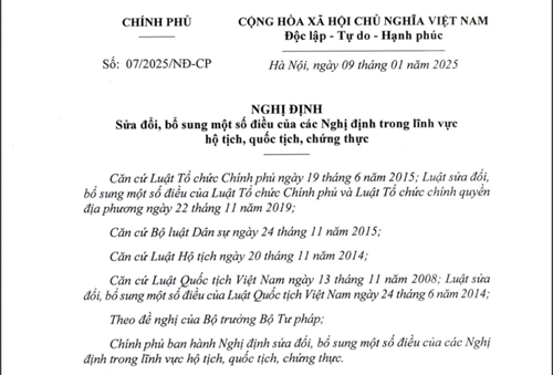 Nghị định số 07/2025/NĐ-CP ngày 09/01/2025 của Chính phủ về sửa đổi, bổ sung một số điều của các Nghị định trong lĩnh vực hộ tịch, quốc tịch, chứng thực