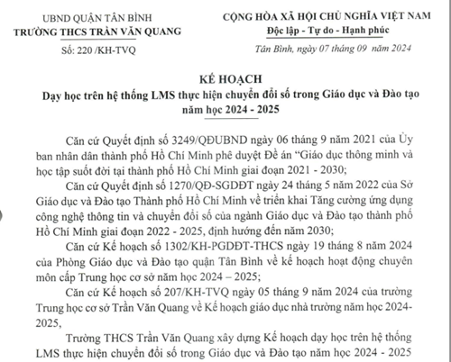 Kế hoạch số 220/KH-TVQ ngày 7/9/2024 về dạy học trên hệ thống LMS thực hiện chuyển đổi số trong ngành GDĐT năm học 2024-2025