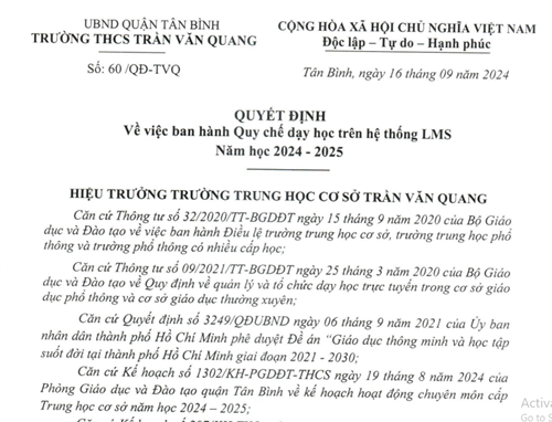 Quyết định số 60/QĐ-TVQ ngày 16/9/2024 về ban hành Quy chế dạy học trên hệ thống LMS năm học 2024-2025