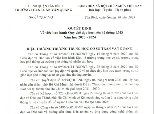 Quyết định số 68/QĐ-TVQ ngày 5/10/2023 về ban hành quy chế dạy học trên hệ thống LMS năm 2023-2024