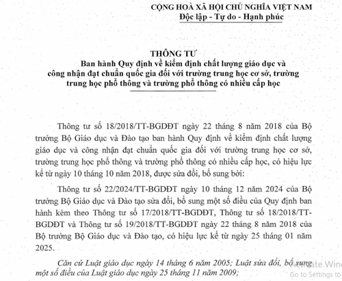 Thông tư số 12/VBHN-BGDĐT của Bộ GDĐT quy định về kiểm định chất lượng giáo dục và công nhận đạt chuẩn quốc gia