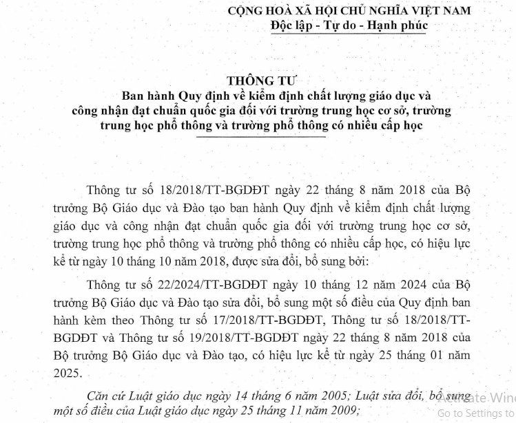 Thông tư số 12 của Bộ Giáo dục và Đào tạo Quy định về quy định kiểm định chất lượng giáo dục và công nhận đạt chuẩn Quốc gia