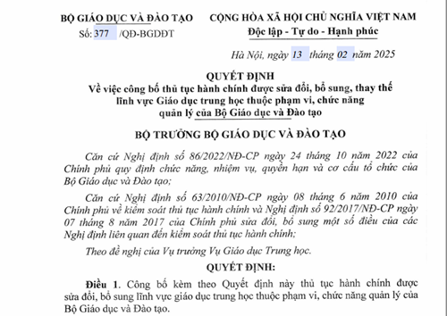 Quyết định số 377/QĐ-BGDĐT ngày 13/02/2025 của Bộ Giáo dục và Đào tạo về việc công bố thủ tục hành chánh được sửa đổi, bổ sung, thay thế lĩnh vực giáo dục phổ thông trung học thuộc phạm vi, chức năng quản lý của Bộ GDĐT