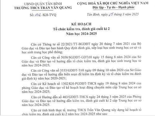 Kế hoạch tổ chức kiểm tra, đánh giá cuối kỳ 2 năm học 2024-2025