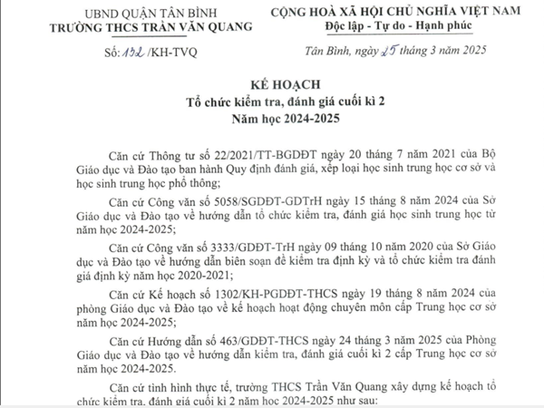 Kế hoạch tổ chức kiểm tra, đánh giá cuối kỳ 2 năm học 2024-2025