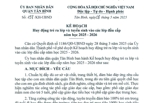 Kế hoạch số 158/KH_UBND ngày 08 tháng 5 năm 2025 của UBND quận Tân Bình về Huy động trẻ ra lớp và tuyển sinh vào các lớp đầu cấp năm học 2025-2026